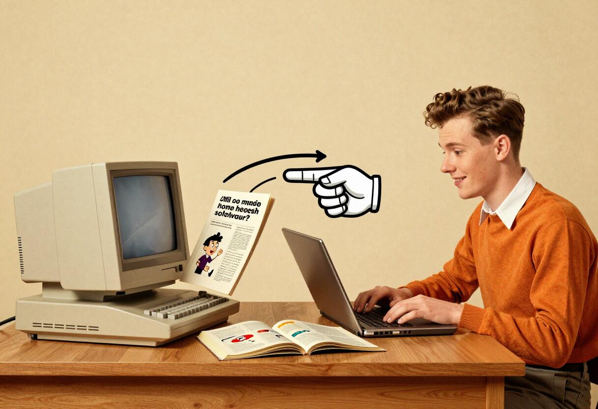 A warm retro illustration of an early home computer and a modern laptop sharing a wooden desk. A young man works at the laptop while an oversized cartoon pointing hand arcs from the old machine toward him.