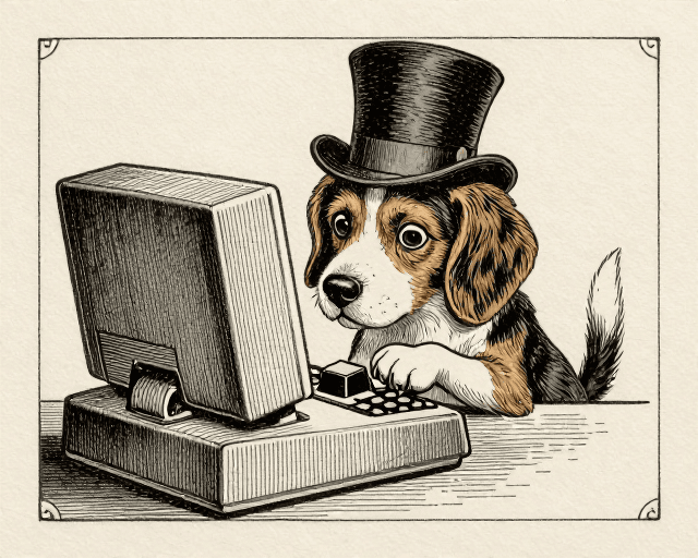 A Victorian-style engraving of a top-hatted beagle peeking over an old home computer and pressing one oversized keyboard key with its paw.