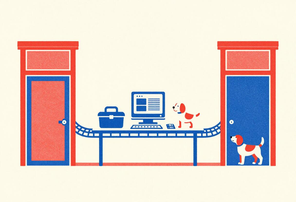 A two-color risograph illustration of red and blue doors on opposite sides, both connected by conveyor tracks to one central computer, toolbox, floppy disk, and two playful beagles.