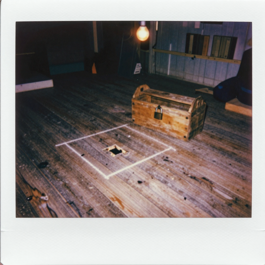 A flash-lit instant photograph of a dark wooden workshop floor. A small square hole is surrounded by a large chalk outline, while a padlocked wooden toolbox sits beyond it under a bare bulb.