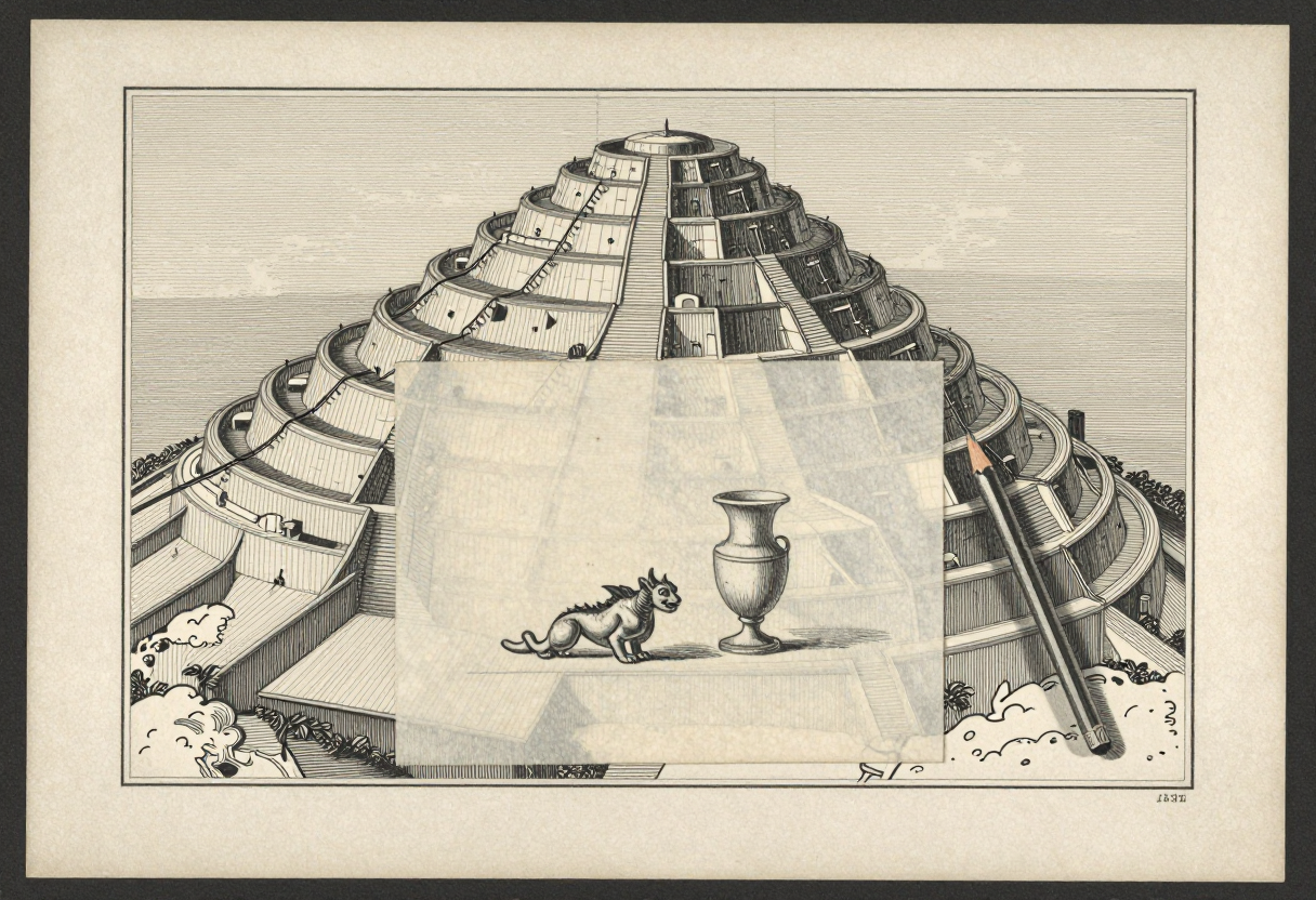An antique woodcut of a huge terraced circular mountain, partially covered by a visibly pasted sheet bearing a small cat and an urn, like hand-authored objects layered over a generated world.
