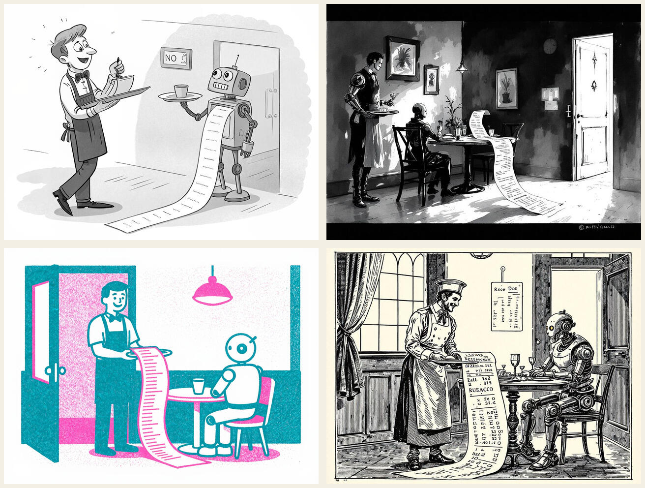A two-by-two contact sheet of the same scene in four styles: a waiter presents an endlessly unrolling restaurant bill to a robot diner, drawn as a gag cartoon, a dark ink wash, a pink-and-teal risograph, and an antique woodcut.