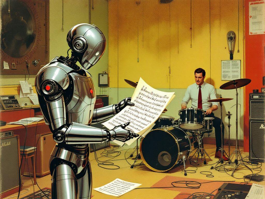 A warm Kodachrome-style illustration: a chrome robot in a rehearsal room studies sheet music while a drummer in shirt and tie plays behind a full kit, amps and cables everywhere.