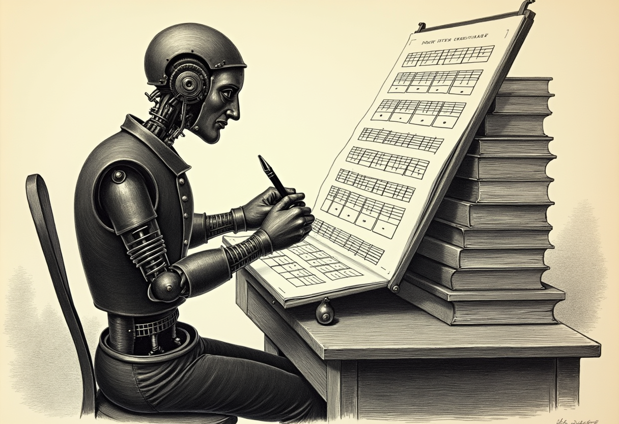 A Victorian wood-engraving: a clockwork brass automaton scribe at a slanted desk, tirelessly copying out guitar chord charts and fretboard diagrams onto sheet after sheet, a tall stack of finished charts beside it - the band office-manager nobody had to hire.