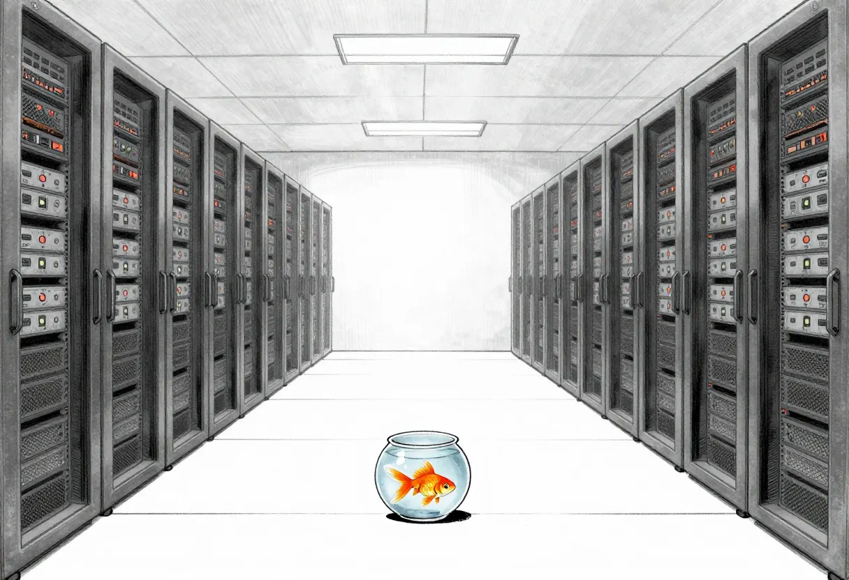 A black ink and gray wash cartoon of one small goldfish bowl, its fish the only spot of orange, sitting alone on the floor of a vast data center aisle between endless rows of server racks.