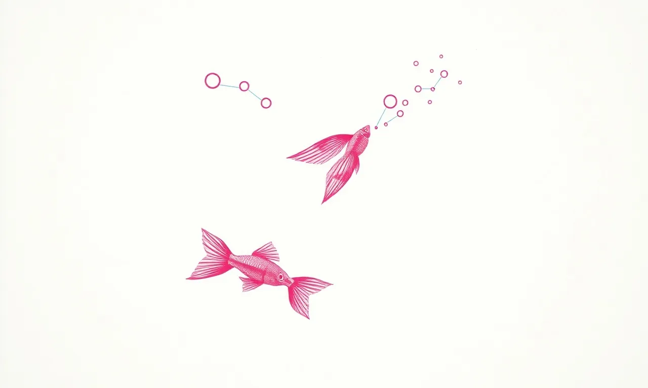 A two-color pink and teal risograph print of two small fish blowing bubbles that link together with thin lines, like a sparse constellation.