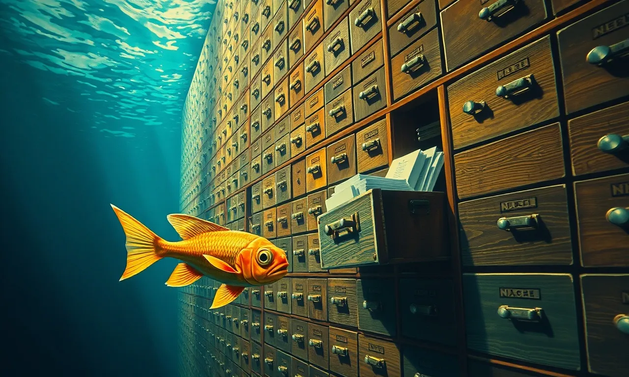 A 1940s pulp-magazine painting of a tiny curious fish swimming in front of an enormous underwater wall of wooden library card-catalog drawers, one drawer pulled open with index cards stacked inside.