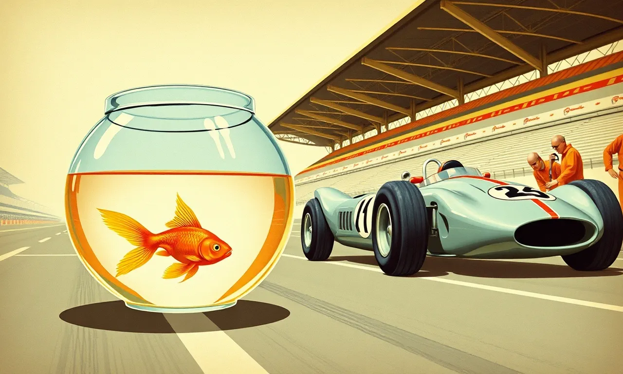 A 1950s Kodachrome-style illustration of a small orange goldfish in a round glass bowl at a racing starting line, beside a huge sleek race car whose pit crew is fussing over its tires.