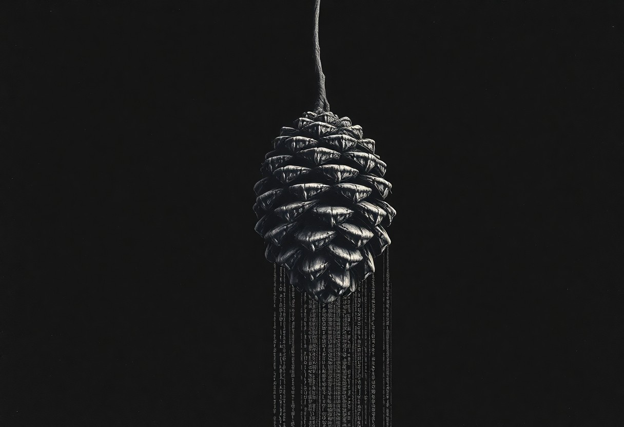 A dark engraving of a single pinecone hanging in a black void, its base unspooling downward into long vertical streams of glitched code and static - the only cone that grows in reverse.