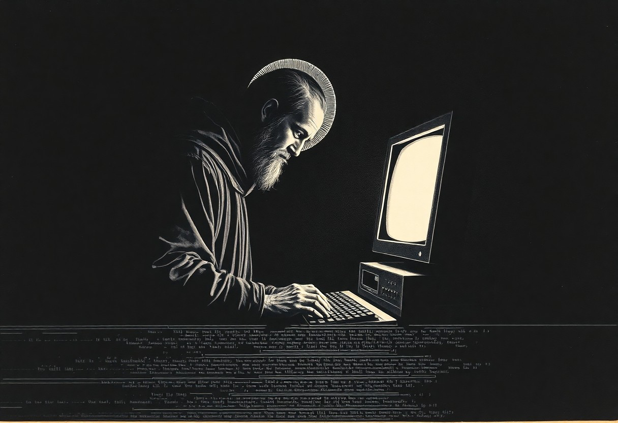 A dark, high-contrast engraving of a haloed monk-saint hunched over a glowing computer terminal in a black void, the bottom edge of the print dissolving into rows of garbled ASCII static, as if the image itself is crashing mid-render.