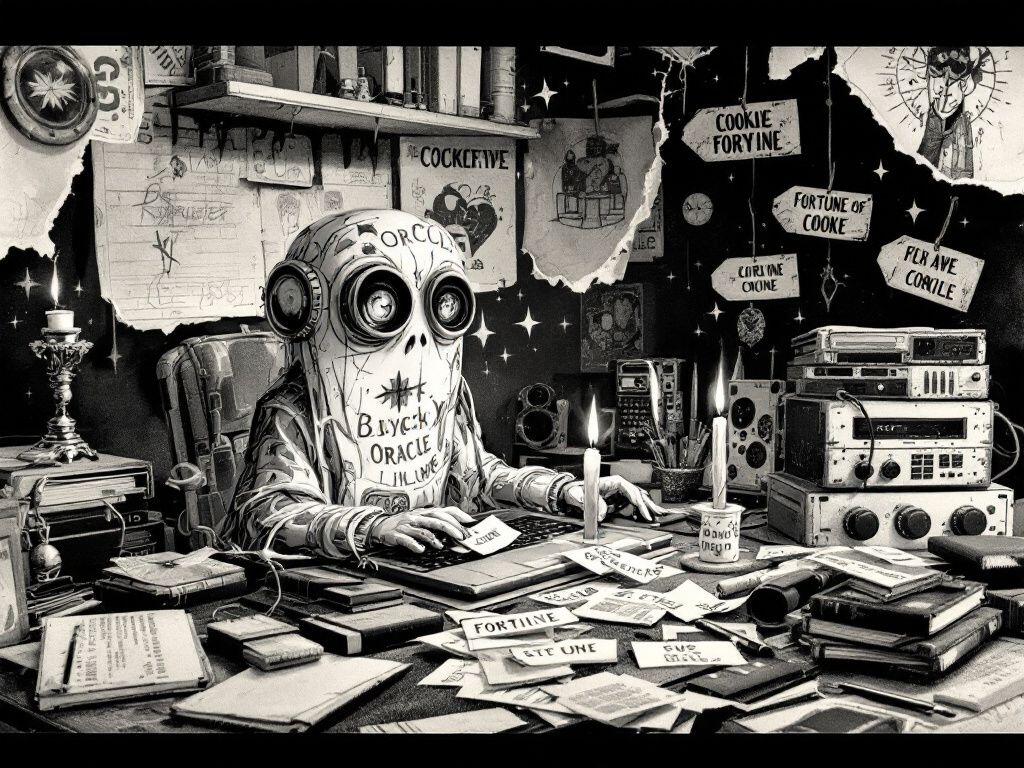 A dark cluttered collage: a skull-faced glitchy oracle sits at a candlelit desk heaped with radio equipment and fortune slips, garbled fortune-cookie signs hanging above.