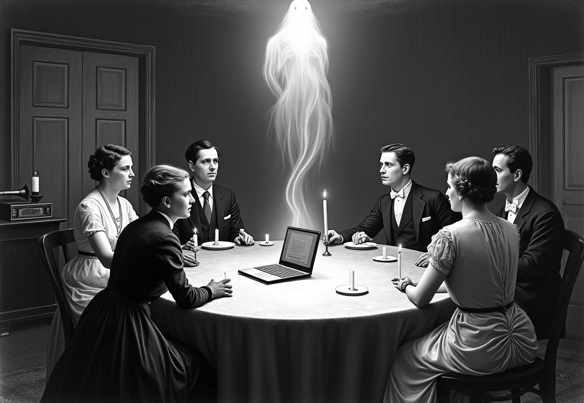 A Victorian wood-engraving: a candlelit 1920s parlor seance, sitters in period dress with joined hands, but the spirit summoned glowing above the table is a sleek modern laptop wreathed in ectoplasm, an antique horn radio nearby - two centuries meeting at one table.