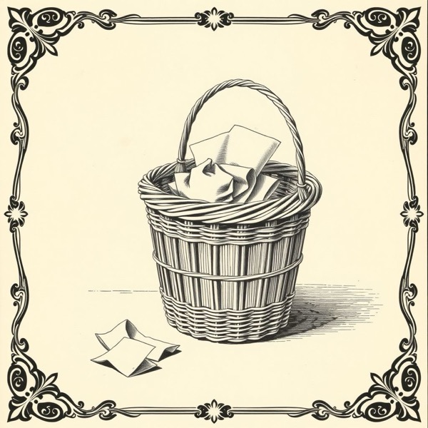 A Victorian woodcut of a wicker wastepaper basket with crumpled papers, one sheet fallen on the floor beside it.