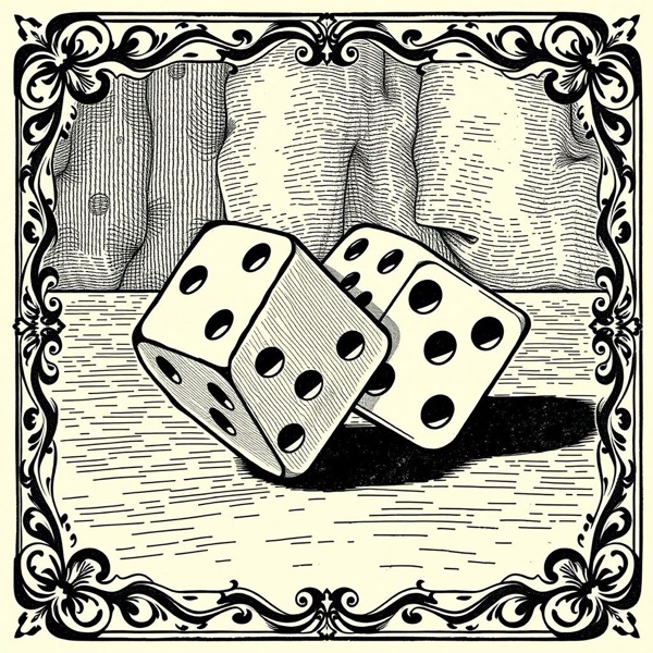 A Victorian woodcut of a pair of gaming dice tumbling mid-roll across a table.