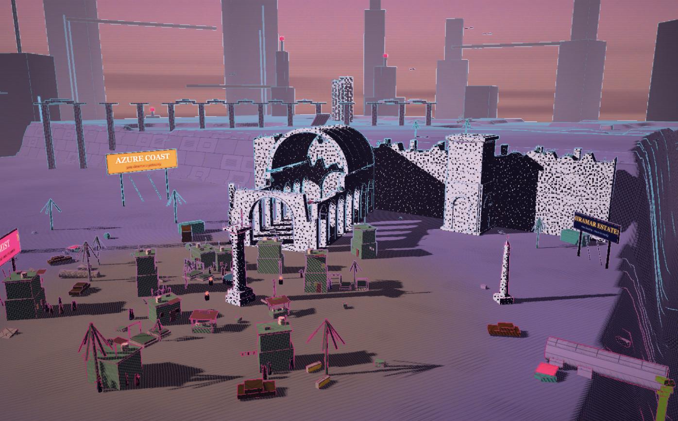 The rebuilt game: a ruined vaulted arcade in speckled black-and-white dither stands over a plain of small concrete shelters and scaffolding, lit lavender and pink by a sun that never quite sets. Billboards reading AZURE COAST and MIRAMAR ESTATES advertise to nobody, and the towers of an abandoned city line the horizon behind a seawall.