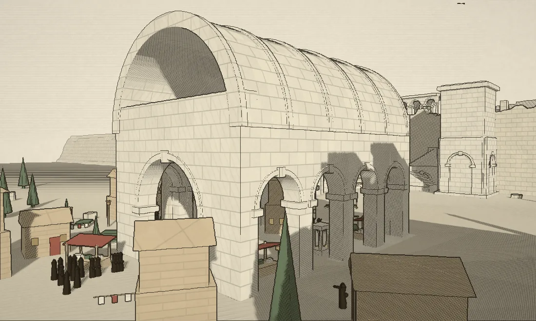 The original CAPRICCIO: a cream stone barrel-vaulted hall with arched openings, drawn in fine engraver's hatching, stands over a small settlement of wooden huts, a red market awning, cypress trees, and a cluster of dark-robed citizens.