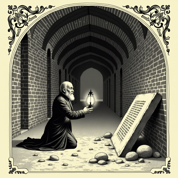 A Victorian engraving of an archaeologist kneeling with a raised oil lantern, reading an inscription carved on a half-buried stone slab inside a vast vaulted arcade.