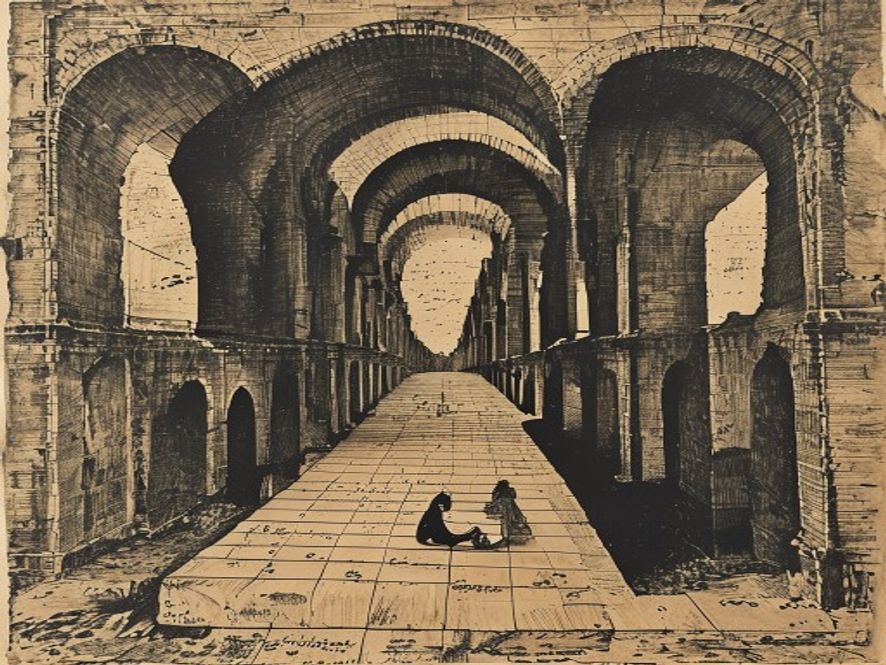 A woodcut engraving of an immense vaulted corridor: two rows of massive stone
arches recede to a bright vanishing point, their brickwork worked over in dense
cross-hatching. Out on the tiled floor in the middle distance, two tiny seated
figures bend over something small between them, dwarfed on every side by
architecture nobody is looking at.