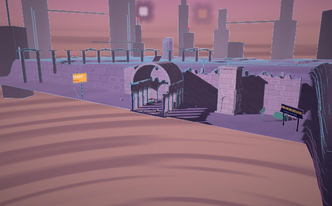 SECTION mode in the rebuilt game: the terrain is cut away along a clean
diagonal plane, dropping the foreground to a flat sand-colored fill so you can
see straight into a colonnade of arches. Ruined stone walls and a barrel vault
sit behind it under a pink dusk sky, with a highway overpass and the towers of a
dead city on the horizon.