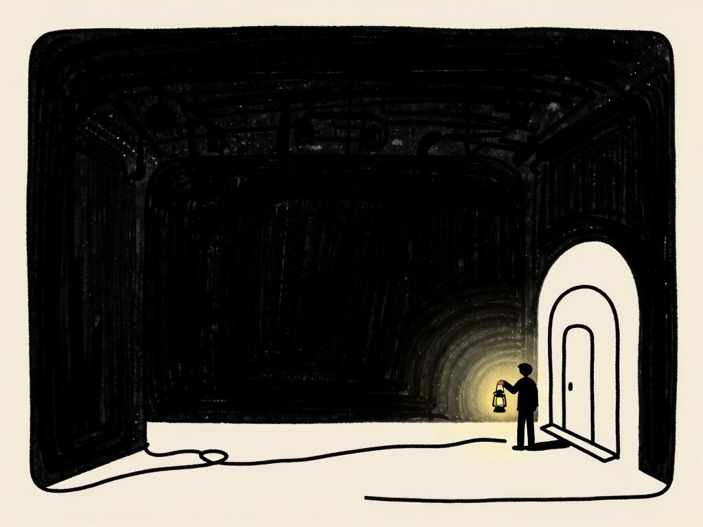 A continuous-line drawing: a small figure holds a warm lantern at the doorway of a vast dark hall, the light carving one readable patch out of the black.